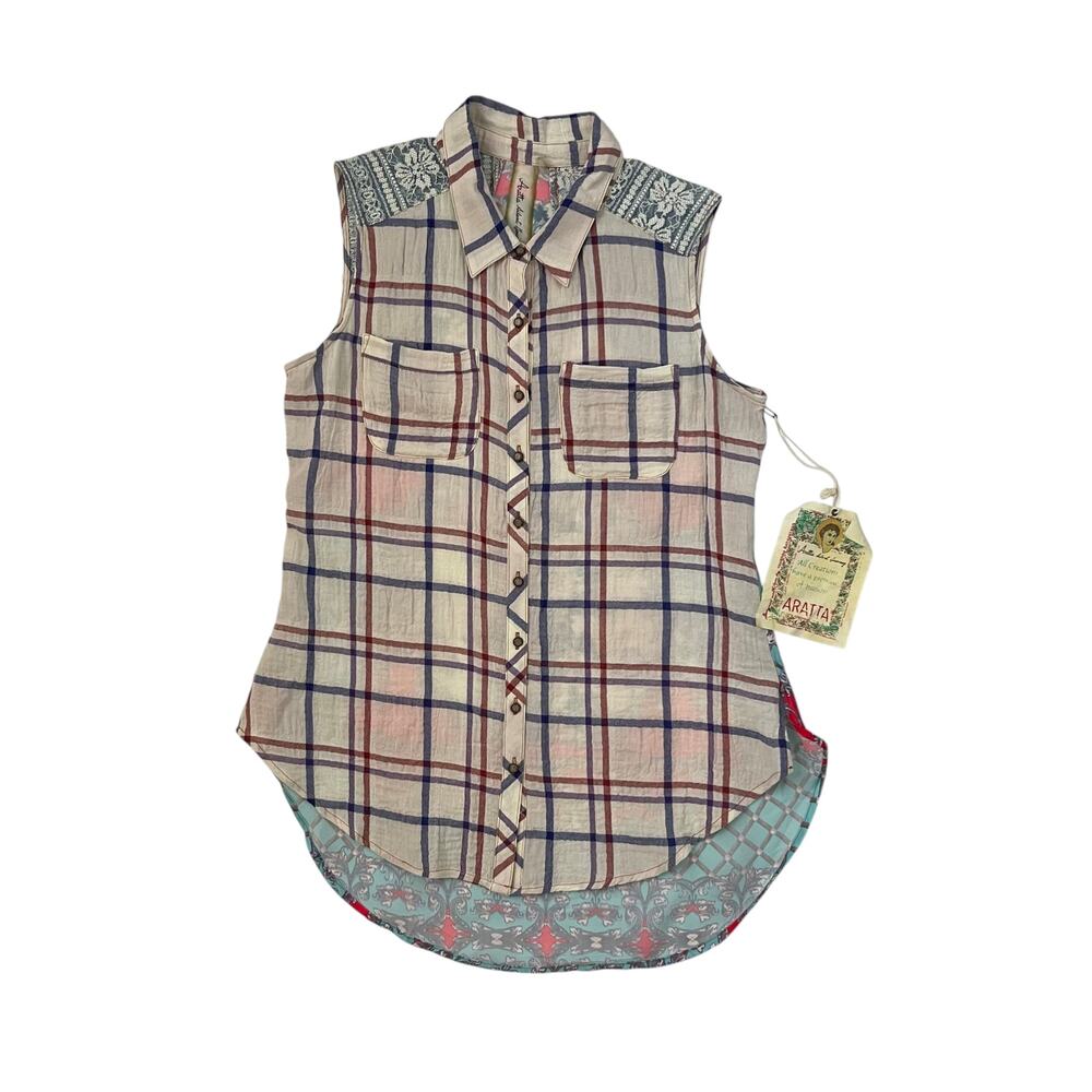 NWT Aratta Plaid Sleeveless button Down Shirt with Vibrant Floral Back - Size S